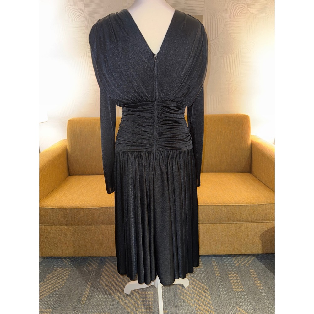 Abby Kent Vintage 80s Black Beaded Sequin Mesh Dress Midi Long Sleeve Goth glam - Picture 6 of 6